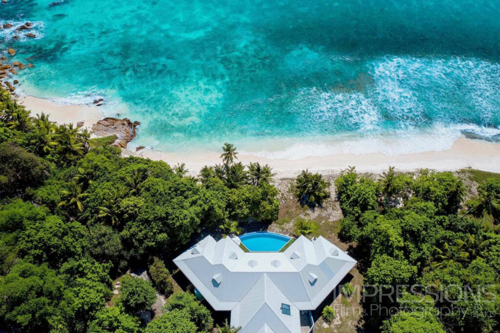 Hero Shot PrESIDENTIAL BEACH VILLA Aerial View Cousine Private Island Photography case study