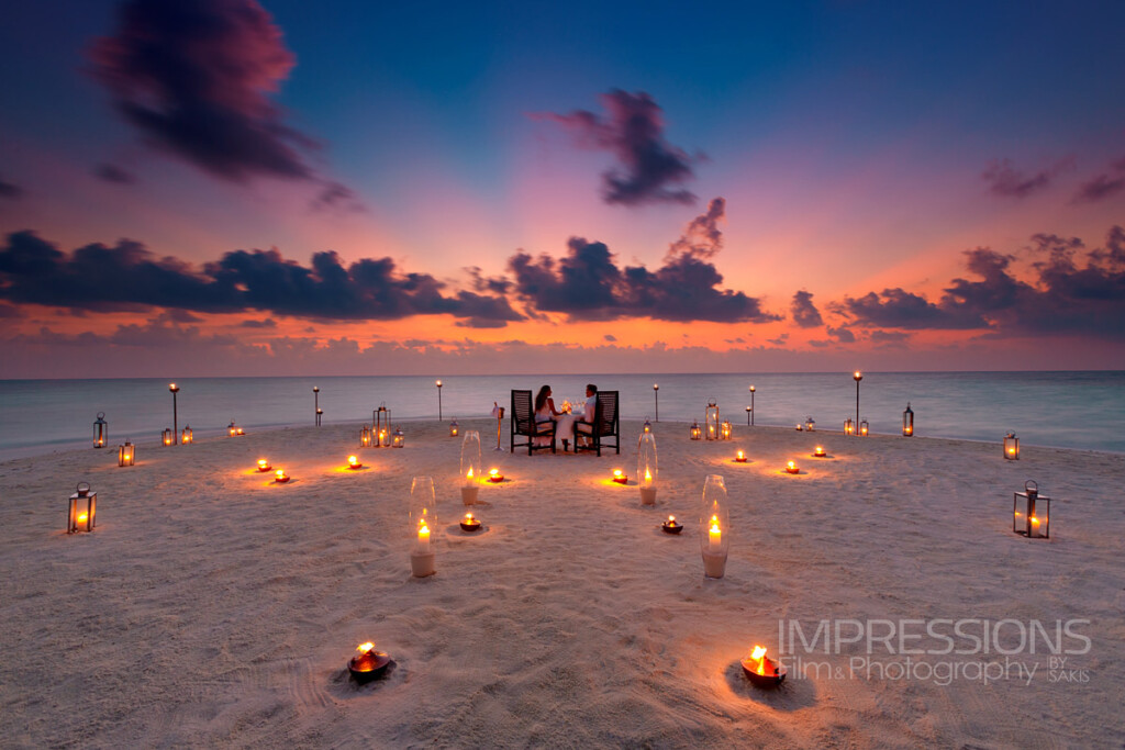 Romantic Sunset Dinner. Honeymoon hero shot created for Baros Maldives